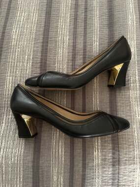 Karl Lagerfeld Paris Agatha Black Leather Mesh Trim Gold Block Heel Pumps